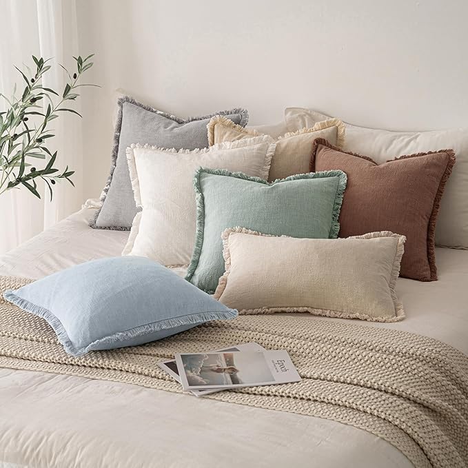 MIULEE Boho Linen Fringe Decorative Throw Pillow Covers Sky Blue 18x18 | Set of - Image 6