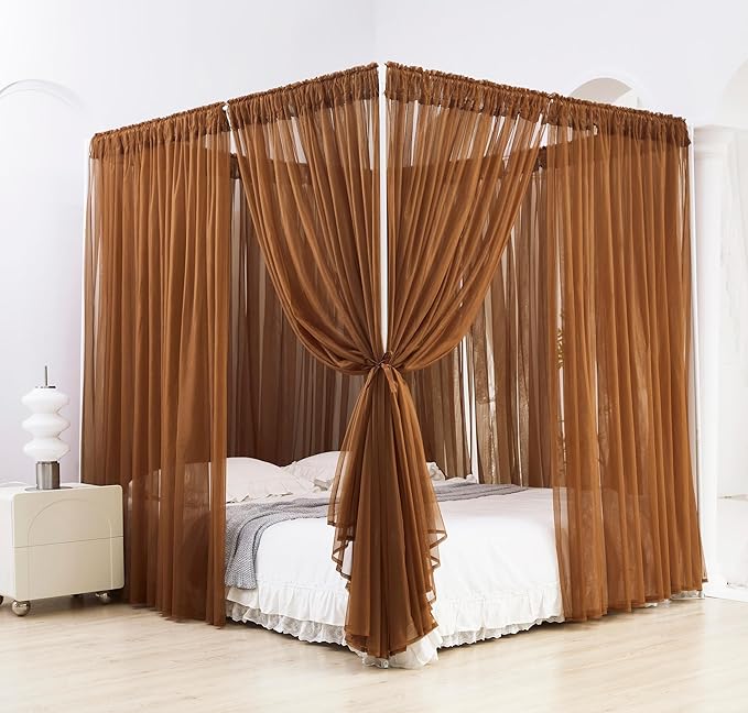 Akiky Canopy Bed Curtain with Lights Bed Drapes for Girls Adults Soft Bed Canopy Scarf for Bed Room Decoration (King, Coffee)