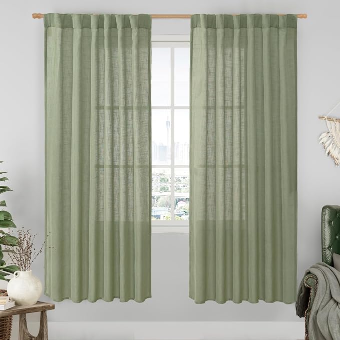 Sage Green Linen Curtains for Living Room, 52 x 78 Inch, 2 Panels | Light by LAMIT