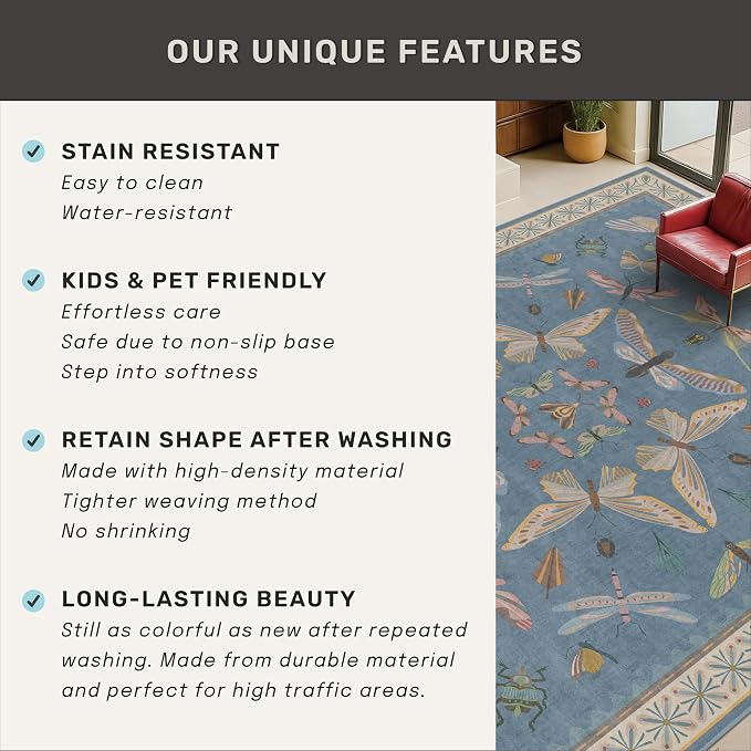 Blue Vintage Insect Runner Rug for Hallway 3x12, Washable Non Slip Kitchen Sink - Image 6