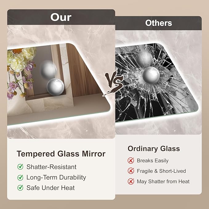 48''x30'' Lighted Mirrors for Bathroom Wall Backlit Rectangular Rounded Corners, LED Bathroom Mirror Frameless with Lights Anti Fog, Dimmable, 3 Colors,Tempered Glass, Shatter-Proof