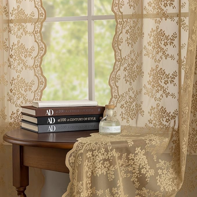 YJ YANJUN Vintage Lace Curtains 96 Inches Long-Victorian Floral Pattern Tan - Image 4