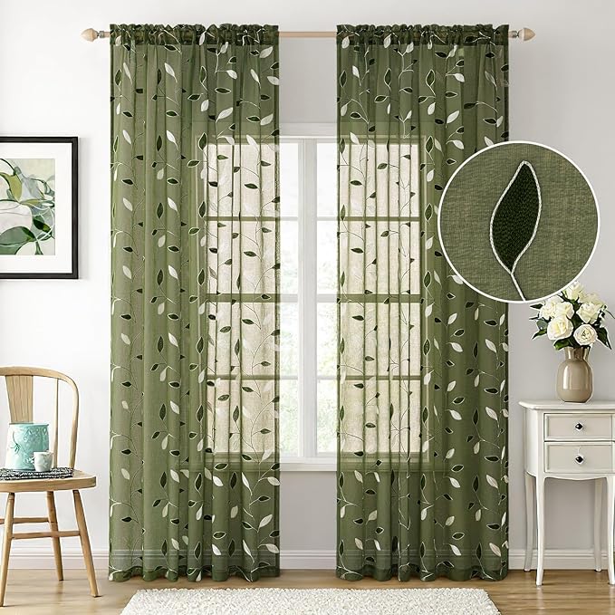 MIULEE Olive Green Sheer Curtains 2 Panels Leaf Patterned, W52 x L84 | - Image 2