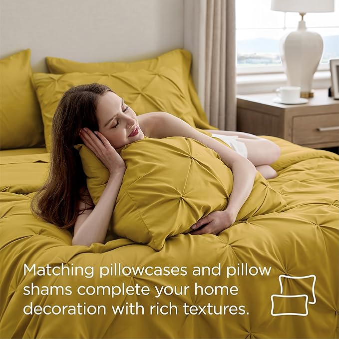 Bedsure Full Comforter Set Mustard Yellow - Bed in a Bag Full Size Bedding Set 7 Pieces, GentleSoft™ Pintuck Bed Set Gift for Family, Pinch Pleat All Season Comforter with Sheets, Pillowcases & Shams