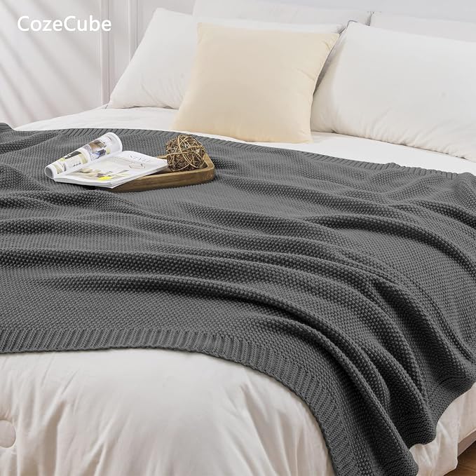 CozeCube Charcoal Grey Seed Stitch Throw Blanket 50"x60", Farmhouse Decor | - Image 5