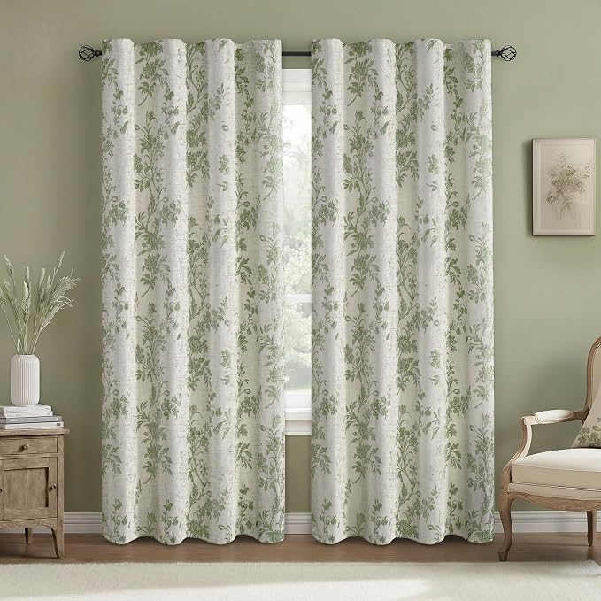 Sage Green Boho Floral 100% Blackout Curtains 90 Inch 2 Panels | Farmhouse by Unknown