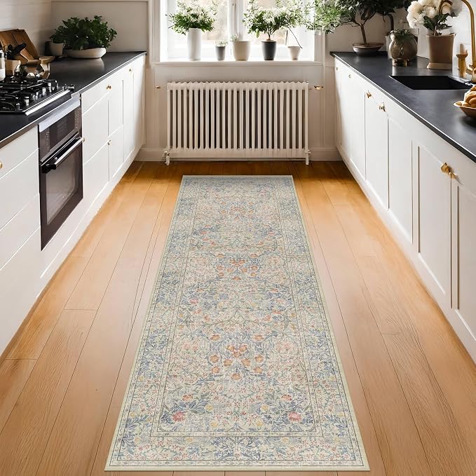 Non Slip Beige Blue Hallway Runner Rug - Image 3