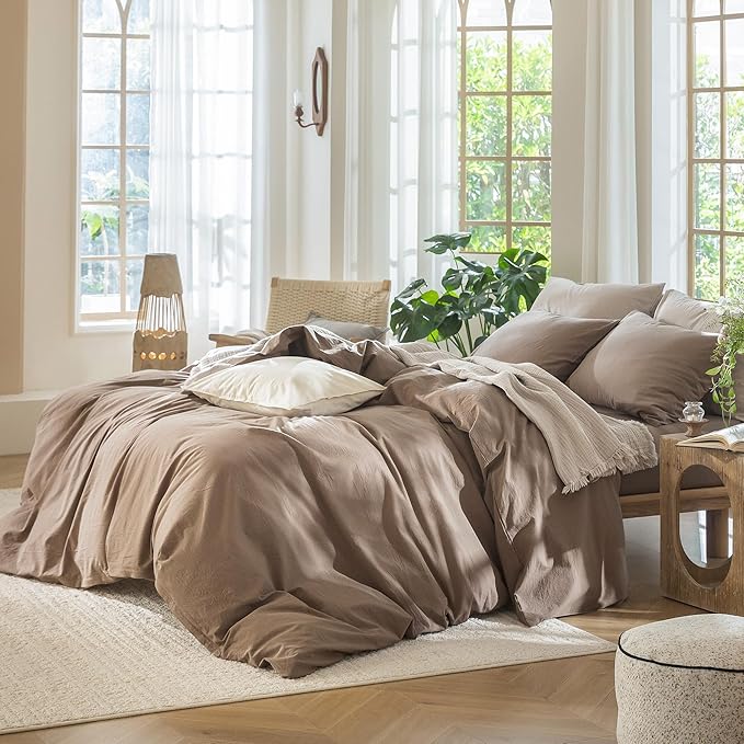 MooMee Bedding Duvet Cover Set 100% Washed Cotton Linen Like Textured Breathable Durable Soft Comfy (Solid Brown, Queen 90"x90")