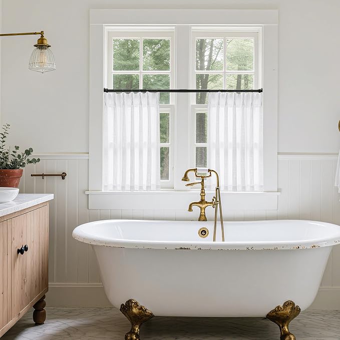 White Linen Kitchen Window Curtains 2 Panels Pinch Pleated 24 Inch Length | - Image 8