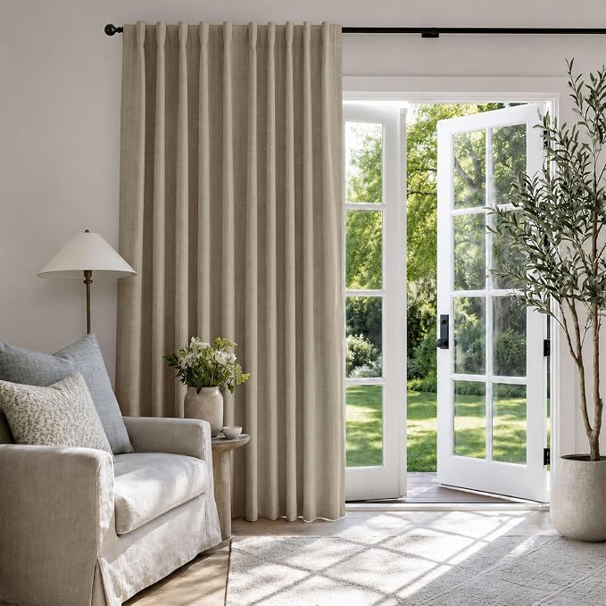 Faux Linen Total Blackout Sliding Door Curtains 84 Inches Long, Plaza Taupe | - Image 5