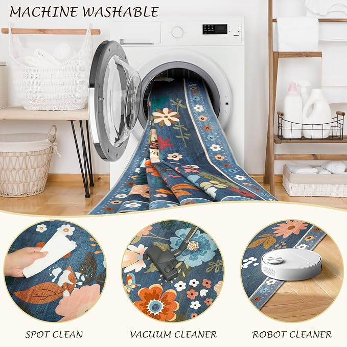 RELEANY Floral Washable 9x12 Area Rugs Blue/Grey | Flower Carpet Print Boho - Image 5