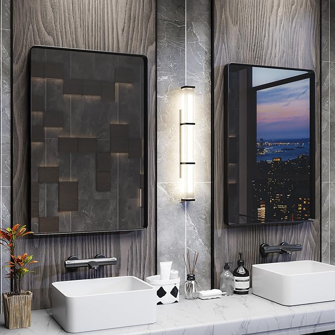 ISKM Black Framed Mirror for Wall 20"x 16", Bathroom Vanity Mirror Anti-Rust, Tempered Glass, Rounded Rectangle Mirror(Horizontal/Vertical)
