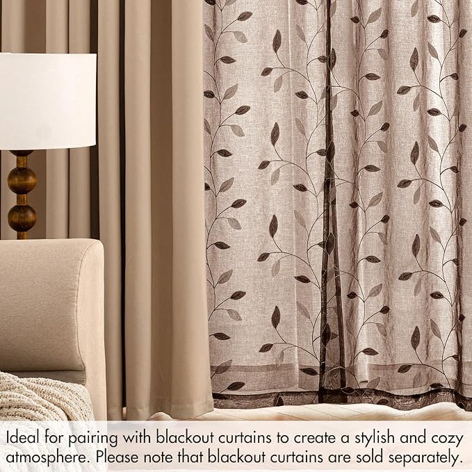 MIULEE Chocolate Brown Sheer Curtains 2 Panels Leaf Patterned, W52 x L63 | - Image 7