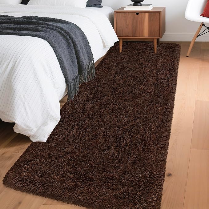 2x6 Bedside Area Rugs for Bedroom Soft Fluffy Shag Brown Rug for Hallway by JiaoBaba