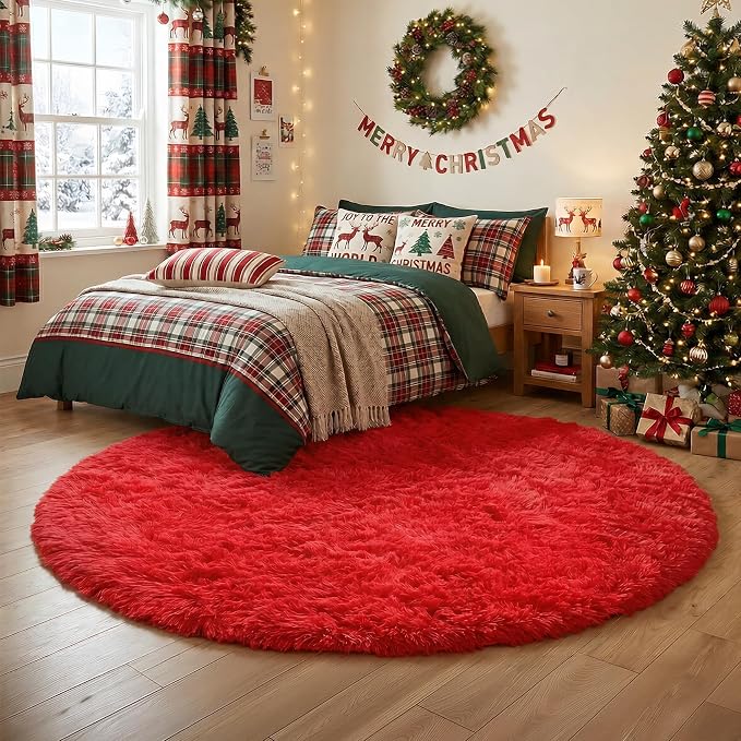 Amdrebio Red Fluffy Round Rug 5Ft - Image 9