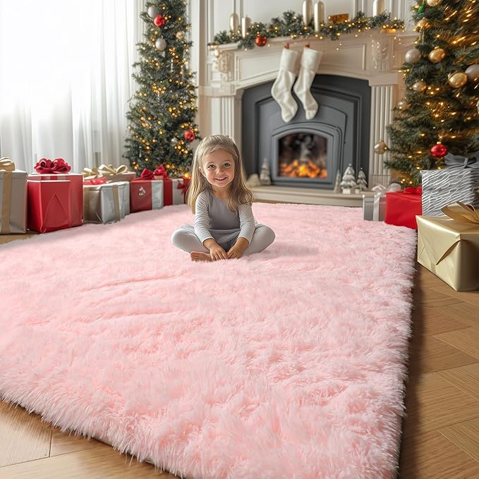 Amdrebio Pink Fluffy Plush Rug 5x7 by Amdrebio