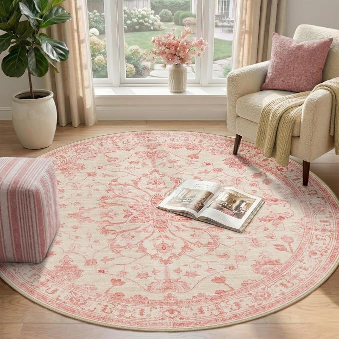 RELEANY Washable Area Rug, Round 4ft, Water Repellent, Pet Friendly, Vintage - Image 2