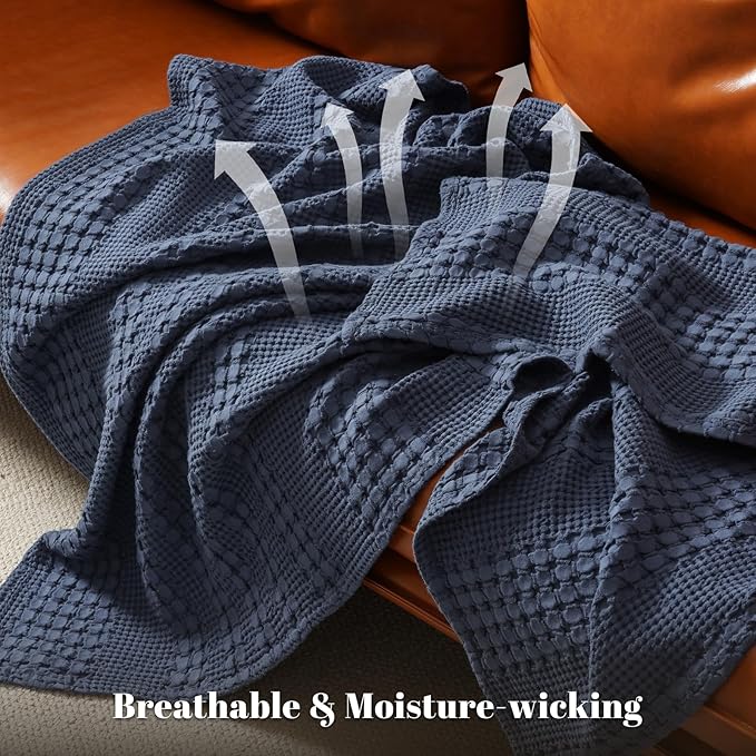 PHF 100% Cotton Waffle Weave Blanket King Size for Bed, Soft Lightweight & Breathable, All-Season Comfort, Luxury Aesthetic Woven Bedding for Home Decor, 108"x90", Indigo