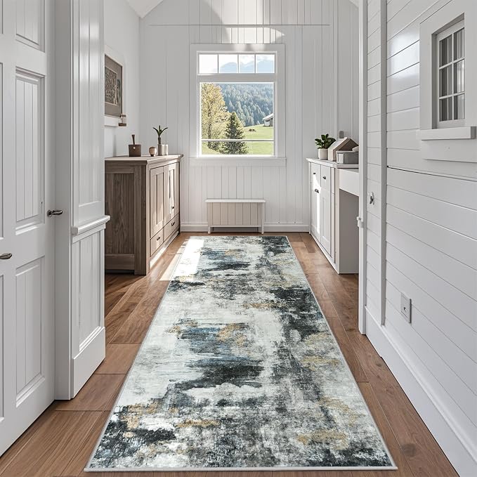 Aelenmu Runner Rugs for Hallways Kitchen 2.6x8 Non Slip Washable Black Gold | by Aelenmu