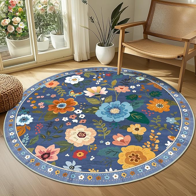 RELEANY Floral Washable Round 6ft Area Rug Blue/Grey | Flower Carpet Print Boho - Image 9
