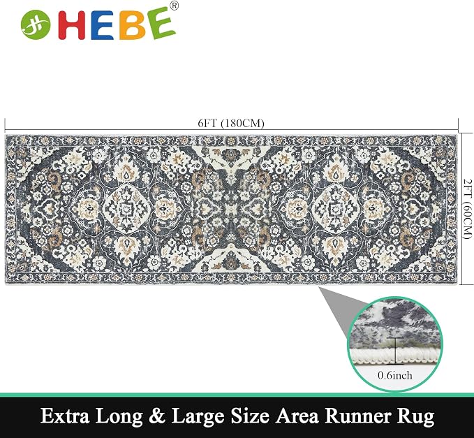HEBE Hallway Runner Rug 2'x6', Washable Non Slip Kitchen Rug Runner | Soft Boho - Image 2