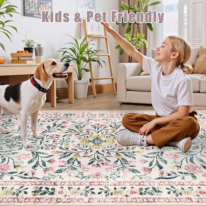 PLHXFR 3x10 Washable Runner Rug：Floral Indoor Kitchen Carpet Pink Green | - Image 6
