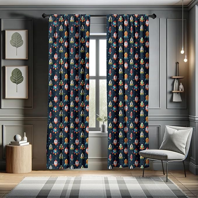 Ambesonne Spaceship Window Curtains, Cartoon Style Space Crafts Flying Through Cosmos Stared Background Astronauts, Lightweight Decor 2-Panel Set with Rod Pocket, Pair of - 28" x 84", Multicolor