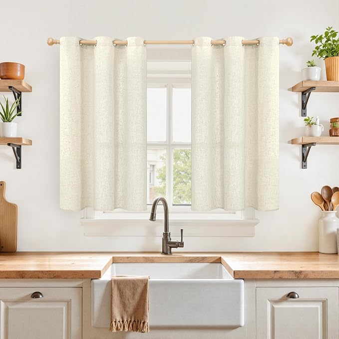 YoungsTex Beige Linen Kitchen Window Curtains, Short Light Filtering Drapes by YoungsTex