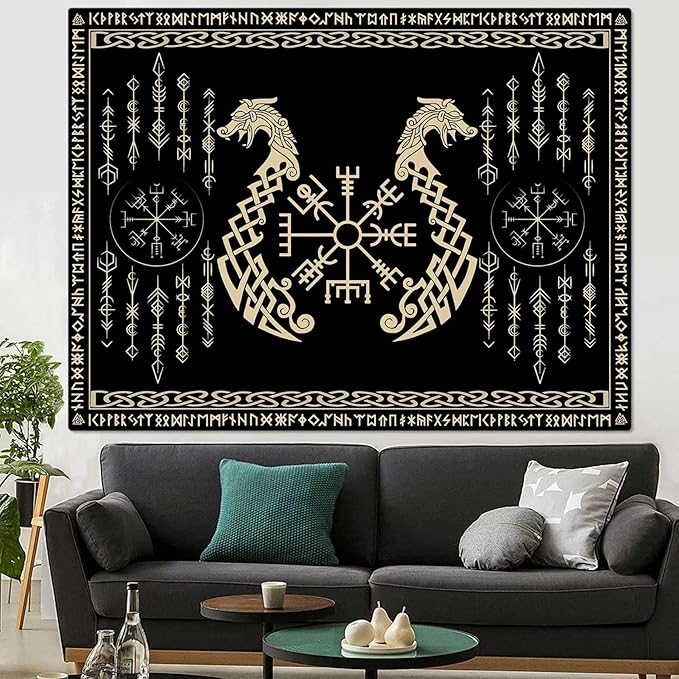 OSUNBD Nordic Vikings Tapestry, Large 10090 inches Soft Flannel, Vegvsir Symbol Twins Dragons Celtic Rune Scandinavian Aesthetic Mythology Tapestry Wall Hanging for Bedroom Living Room Decor