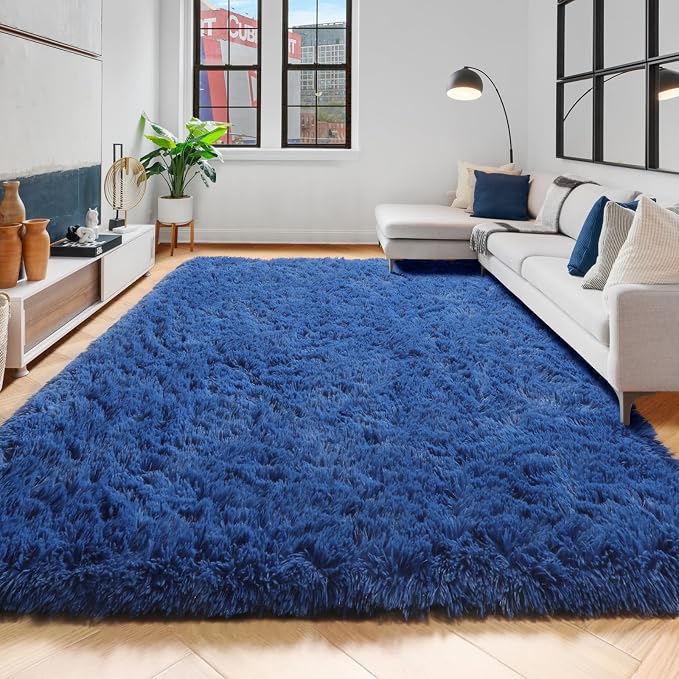 Amdrebio Navy Blue Furry Shaggy Area Rug 5x7 - Image 5