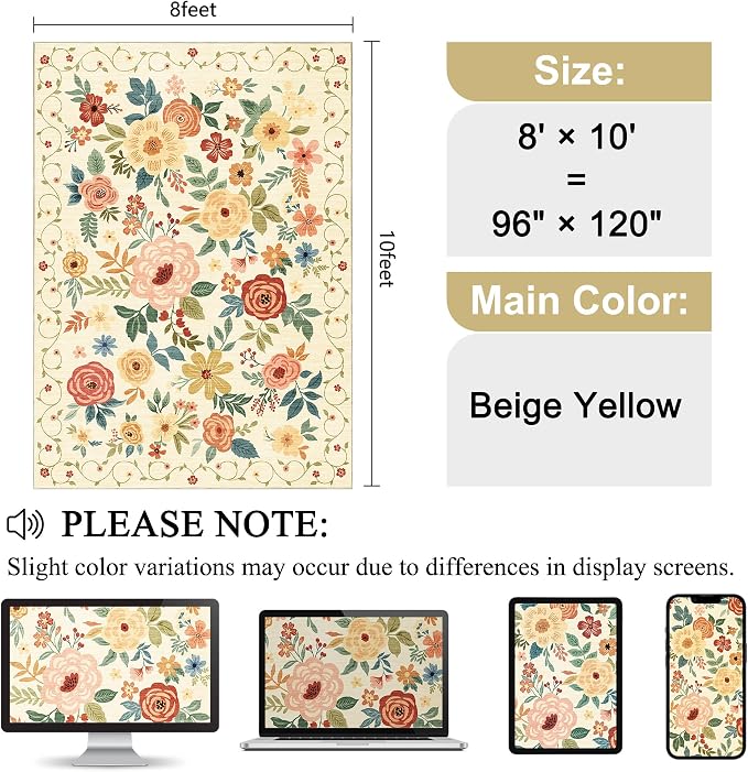 DUKINO 8x10 Area Rug, Floral Washable Living Room Rug Non Slip Beige Yellow | - Image 2