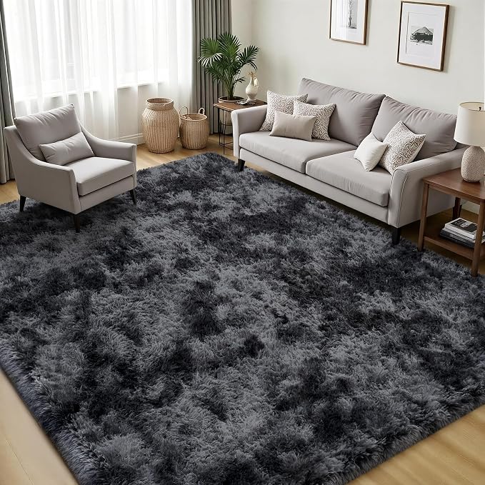 PLHXFR 6x9 Area Rugs Living Room: Fluffy Bedroom Soft Shag Rug Black Grey | - Image 3
