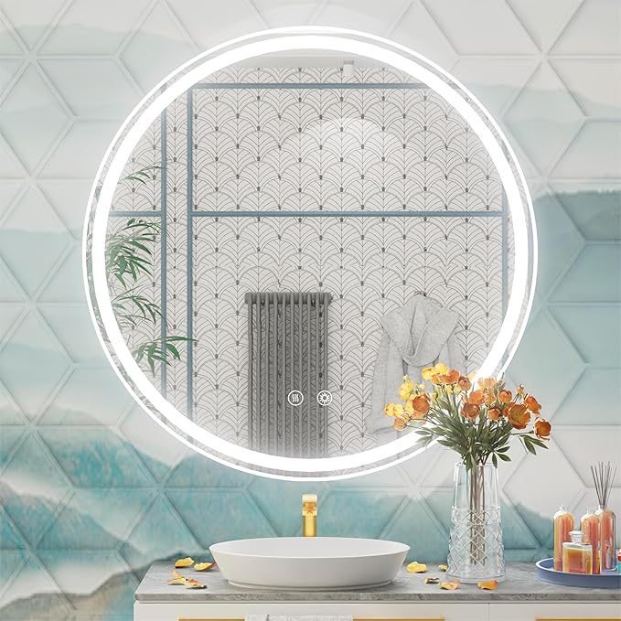 30 Inch LED Round Mirror for Bathroom, Front & Backlit Vanity Round Bathroom Mirror with Lights, Wall Mounted, Dimmable 6000K Daylight, Anti-Fog, CRI 90+