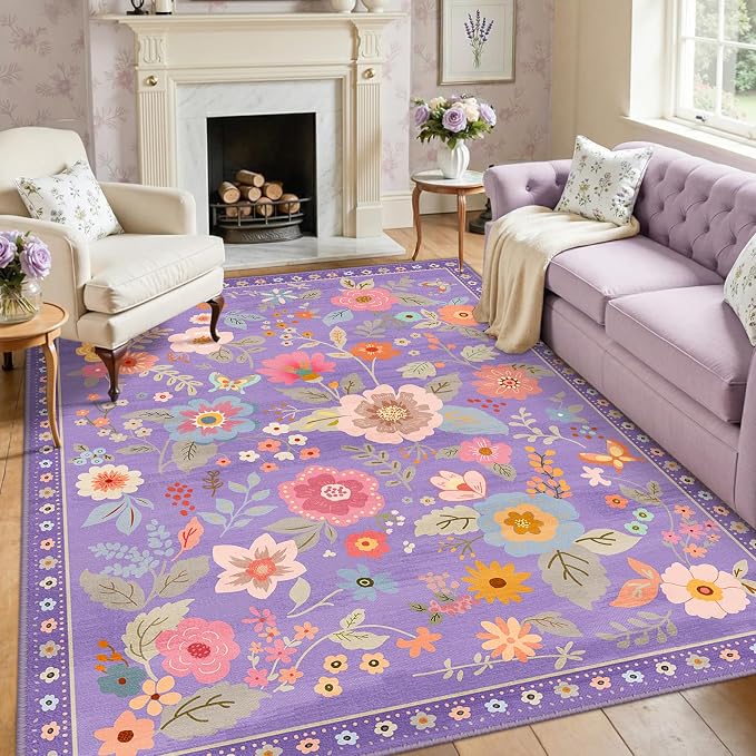 RELEANY Floral Washable 5x8 Area Rugs Purple/Pink | Flower Carpet Print Boho - Image 8