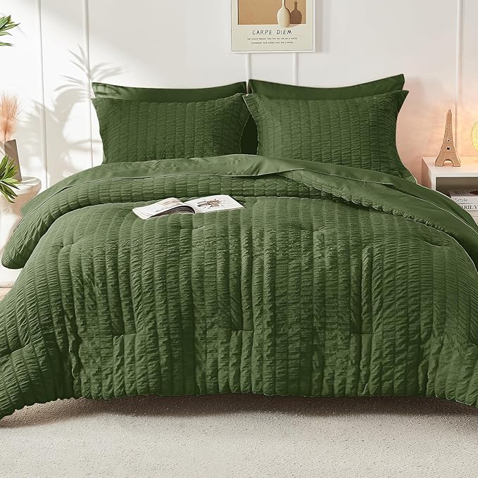 HYMOKEGE Olive Green Twin Comforter Set Seersucker 5 Pieces, All Season Luxury Bed in a Bag for Bedroom, Bedding Set with Comforter, Sheets, Pillowcase & Sham