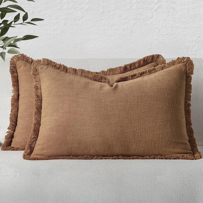 MIULEE Linen Fringe Decorative Fall Lumbar Throw Pillow Covers Brown 12x20 | by MIULEE