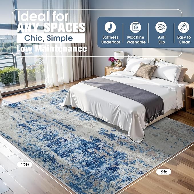 9x12 Area Rugs for Living Room Washable Bedroom Dining Room Blue Grey White | - Image 2