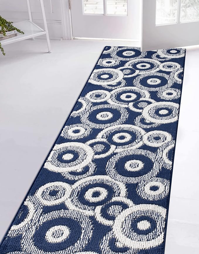 Custom Length Cut to Size Retro Modern Coastal Carpet Runner Rug for Hallways, Non Slip Rubber Backed, 31 inch Wide X Customized Length, Geo Blue, 31 inch X 7 feet