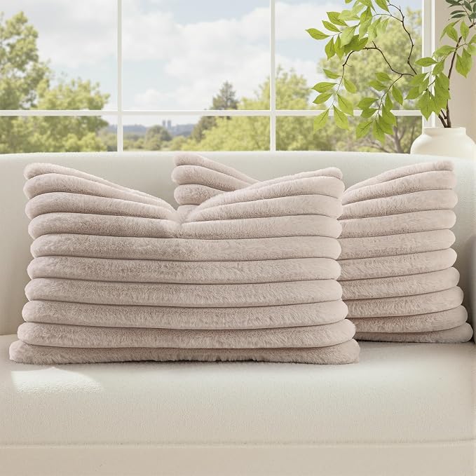 decorUhome Fall Faux Fur Throw Pillow Covers 12x20 Set of 2 Tan | Decorative by decorUhome
