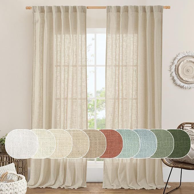 Natural Linen Sheer Curtains for Living Room 2 Panels 52 x 108 Inch | Semi Sheer by LAMIT