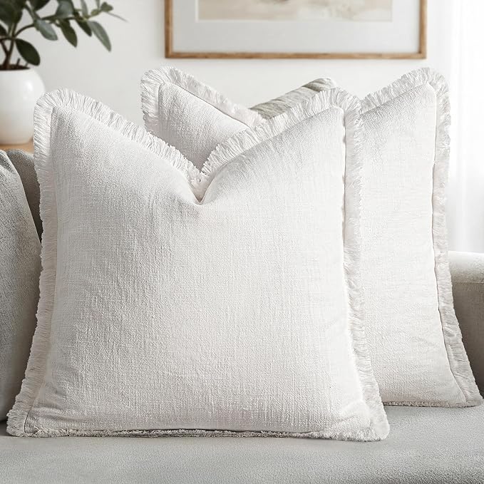 MIULEE Boho Linen Fringe Decorative Euro Throw Pillow Covers White 22x22 | Set by MIULEE