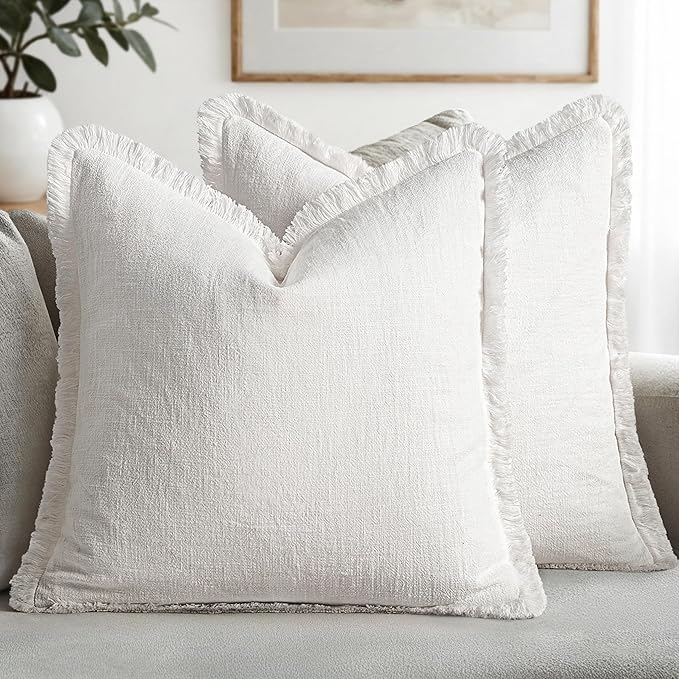 MIULEE Boho Linen Fringe Decorative Euro Throw Pillow Covers White 24x24 | Set by MIULEE