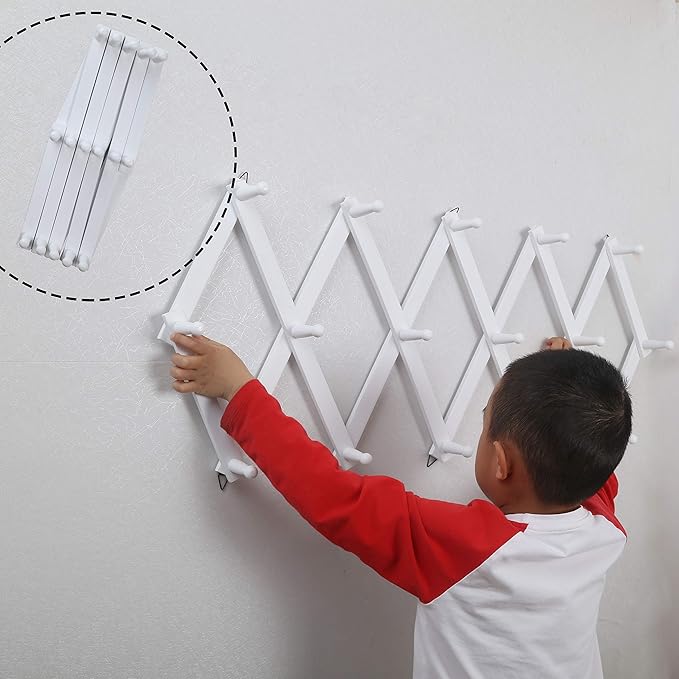 WEBI Accordion Wall Hanger,Expandable Wooden Coat Rack Wall Mounted,Accordion Hat Rack for Wall Rack for Hats,Caps,16 Peg Hooks,White