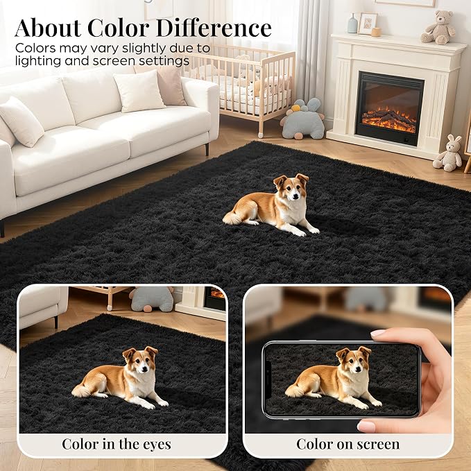 PLHXFR 9x12 Area Rugs Living Room: Fluffy Bedroom Rug Shag Carpet Black | - Image 7