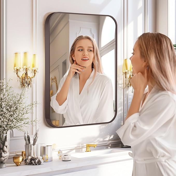 Dark Bronze Rectangle Bathroom Mirror, 30x36 Inch Brushed Titanium Metal Framed Rectangular Wall Mirror for Bathroom Vanity, Living Room, Bedroom, Farmhouse, Hangs Vertically or Horizontally