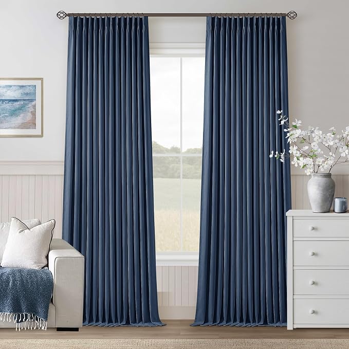 Navy Blue Pleated Linen Blackout 102 Inch Curtains - Image 9