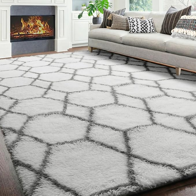 8x10 Area Rugs for Living Room, Fluffy White and Grey Geometric Bedroom Rug | - Image 9