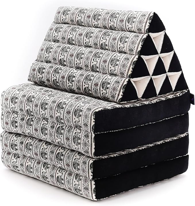 Leewadee Comfortable Japanese Floor Mattress - Thai Floor Bed with Triangle Cushion - Futon Mattress - XL Extra Long Thai Massage Mat, 89 x 20 inches, Black White, Kapok Filling