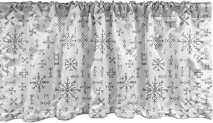 Ambesonne Nordic Window Valance, Viking Runes and Talismans Scandinavian Symbols with The Futhark Alphabet, Curtain Valance for Kitchen Bedroom Decor with Rod Pocket, 54" X 18", Dark Grey and White