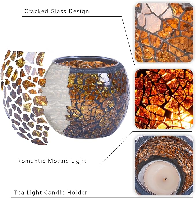 Scented Candle Holder Mosaic Glass Tea Light Holder,Handmade Romantic Glass Tealight Candle Holder for Aromatherapy,Party Décor(NO Candles),Also Used as Vase,Pen Holder,Potted Plants Bowl (Amber)